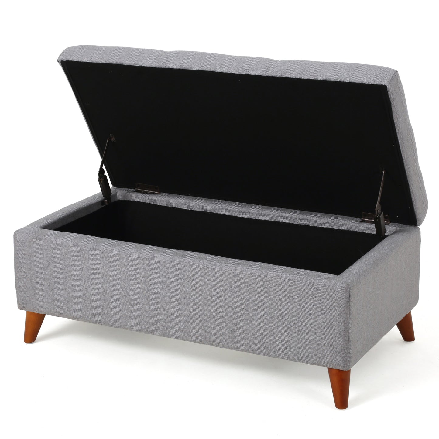 Grey upholstered storage ottoman with tufted lid and wooden legs