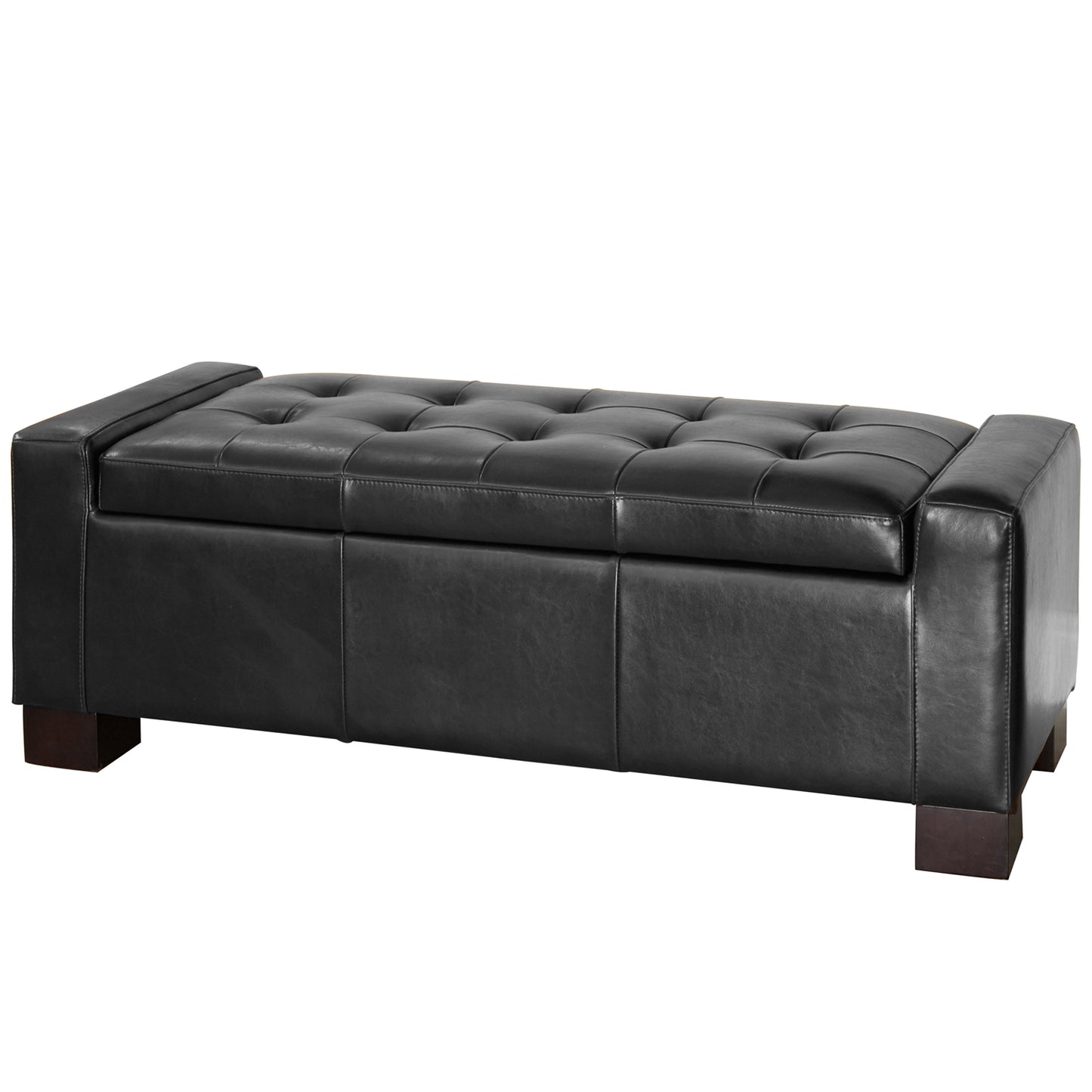 Black tufted storage ottoman with faux leather upholstery and dark wood feet