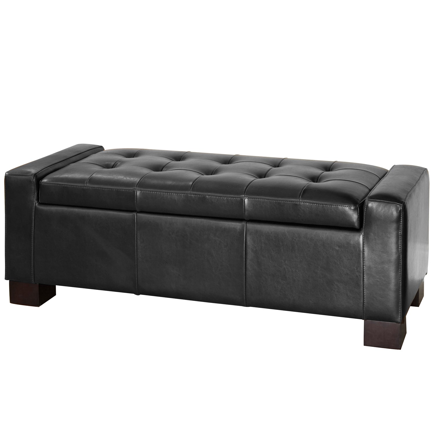 Black tufted storage ottoman with faux leather upholstery and dark wood feet
