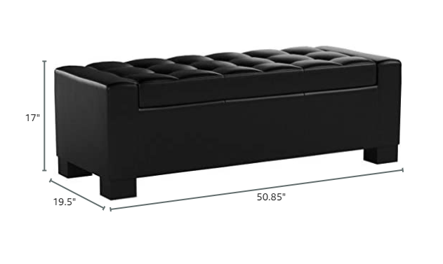 Black faux leather storage ottoman with tufted top  inches long