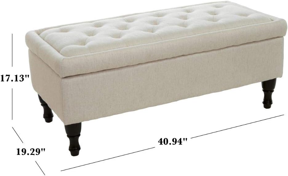 Tufted linen storage bench in cream with dark wood legs and antiquestyle details