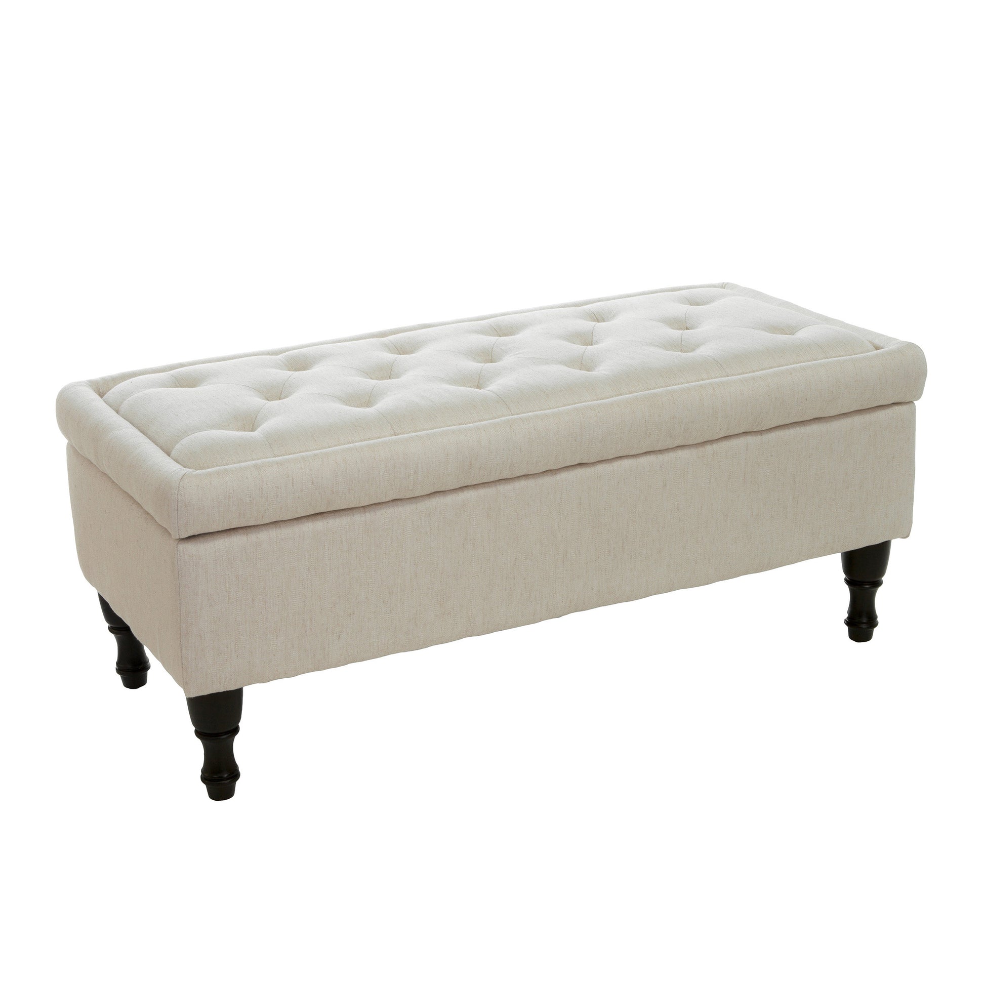 Tufted linen storage bench in cream with dark wood legs perfect for entryway organization