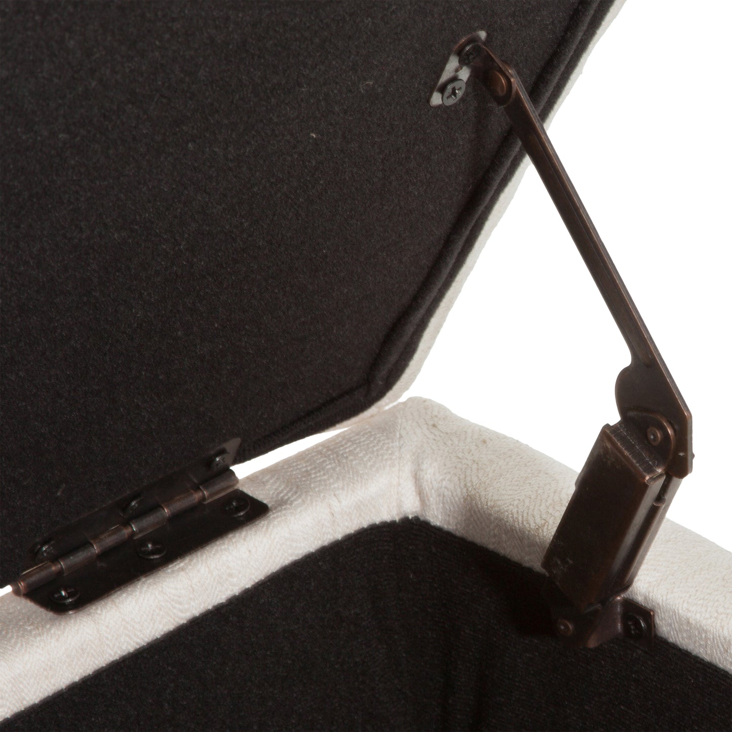 Cream upholstered storage ottoman lid hinge with dark metal mechanism