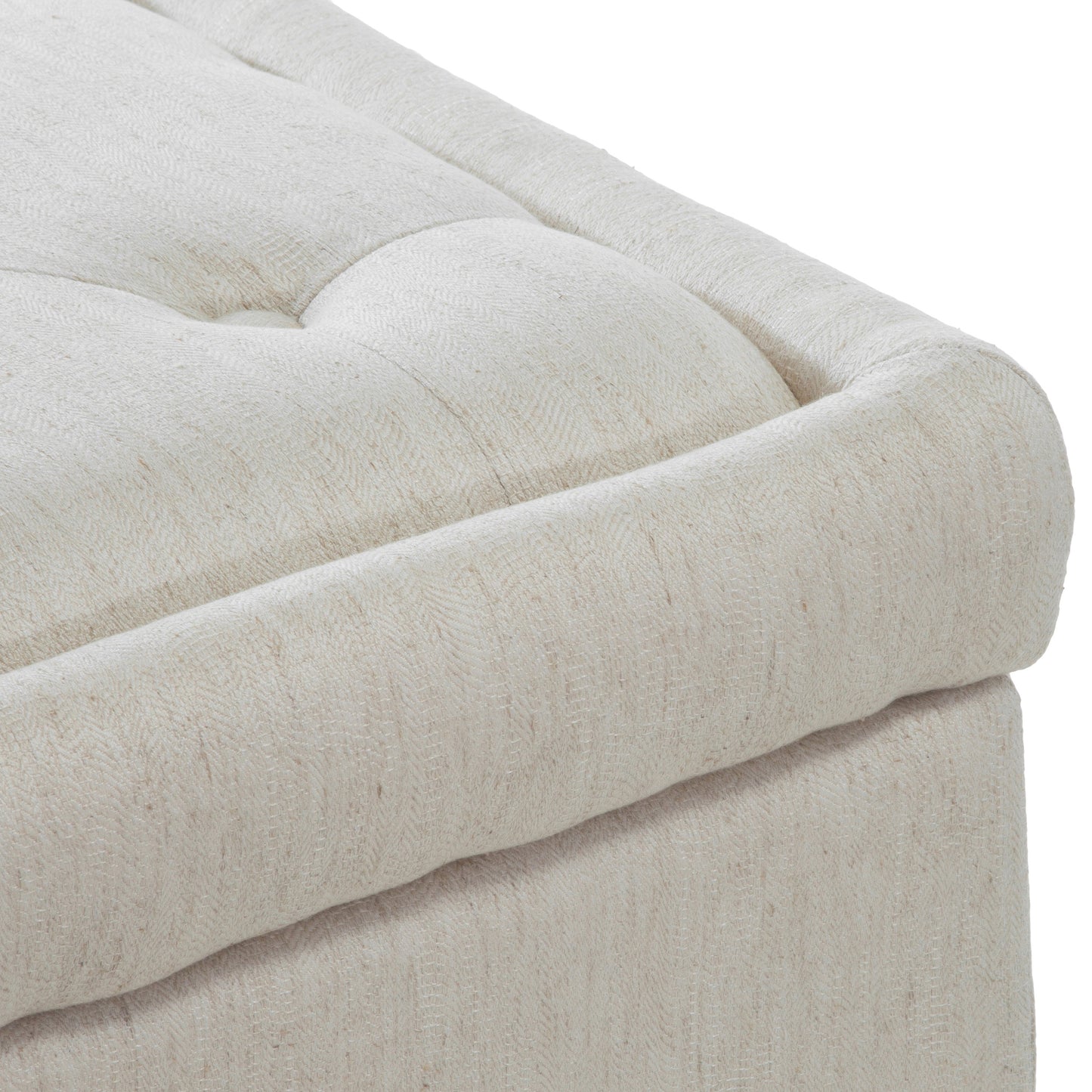 Tufted linen storage ottoman in natural cream perfect for entryway or living room