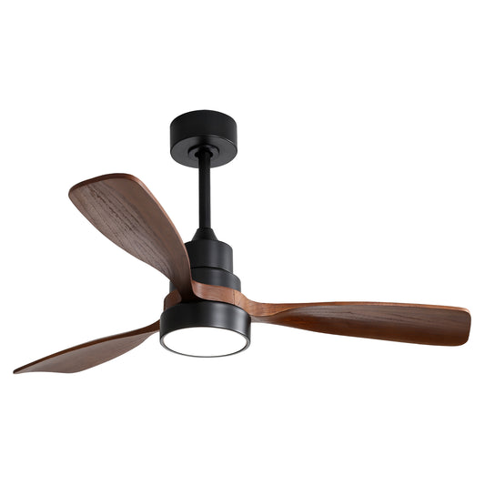 Modern black ceiling fan with three dark wood blades and integrated LED light