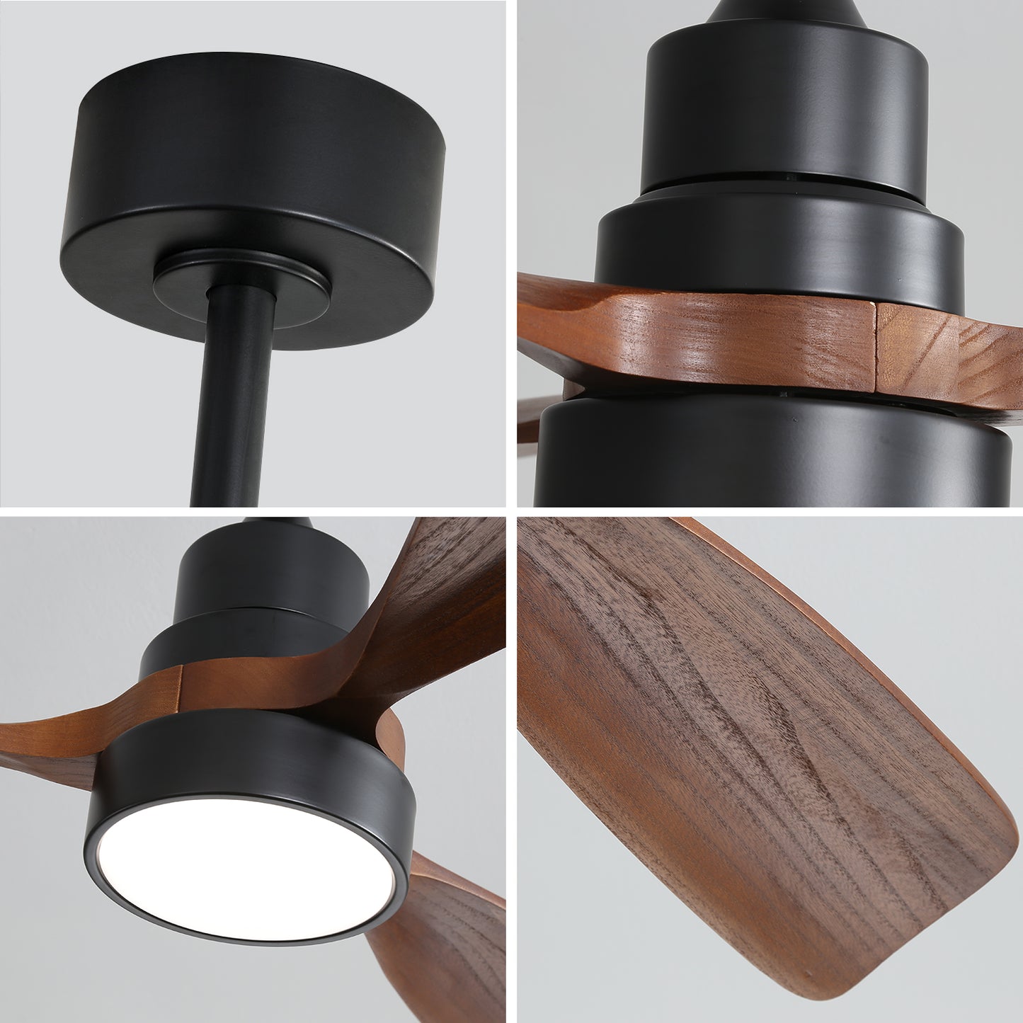 Modern black ceiling fan with natural wood blades and integrated LED light