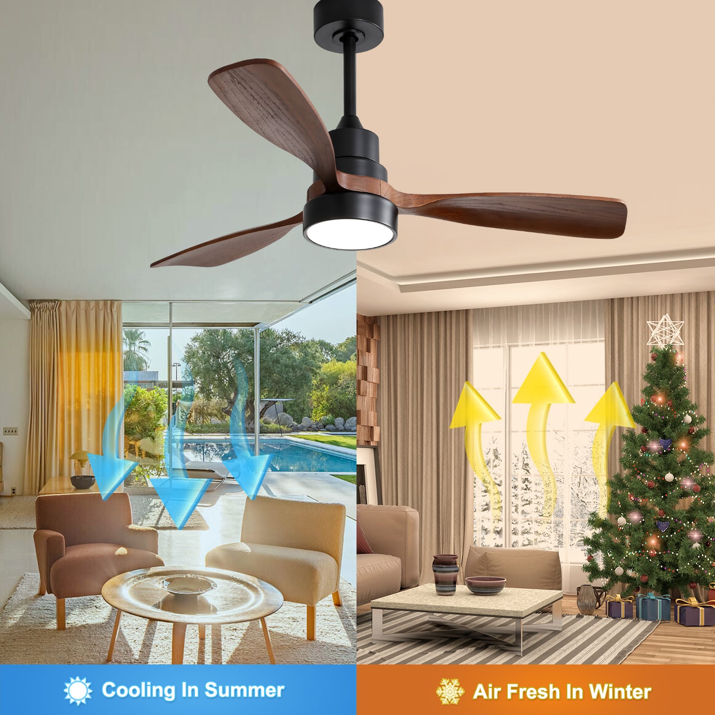 Black and wood ceiling fan with  blades and integrated LED light shown cooling a living room in summer