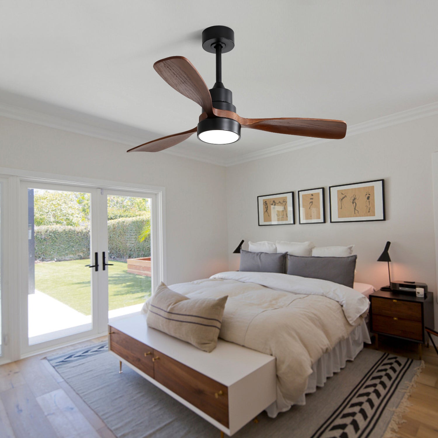 Black modern ceiling fan with three walnut wood blades and integrated LED light