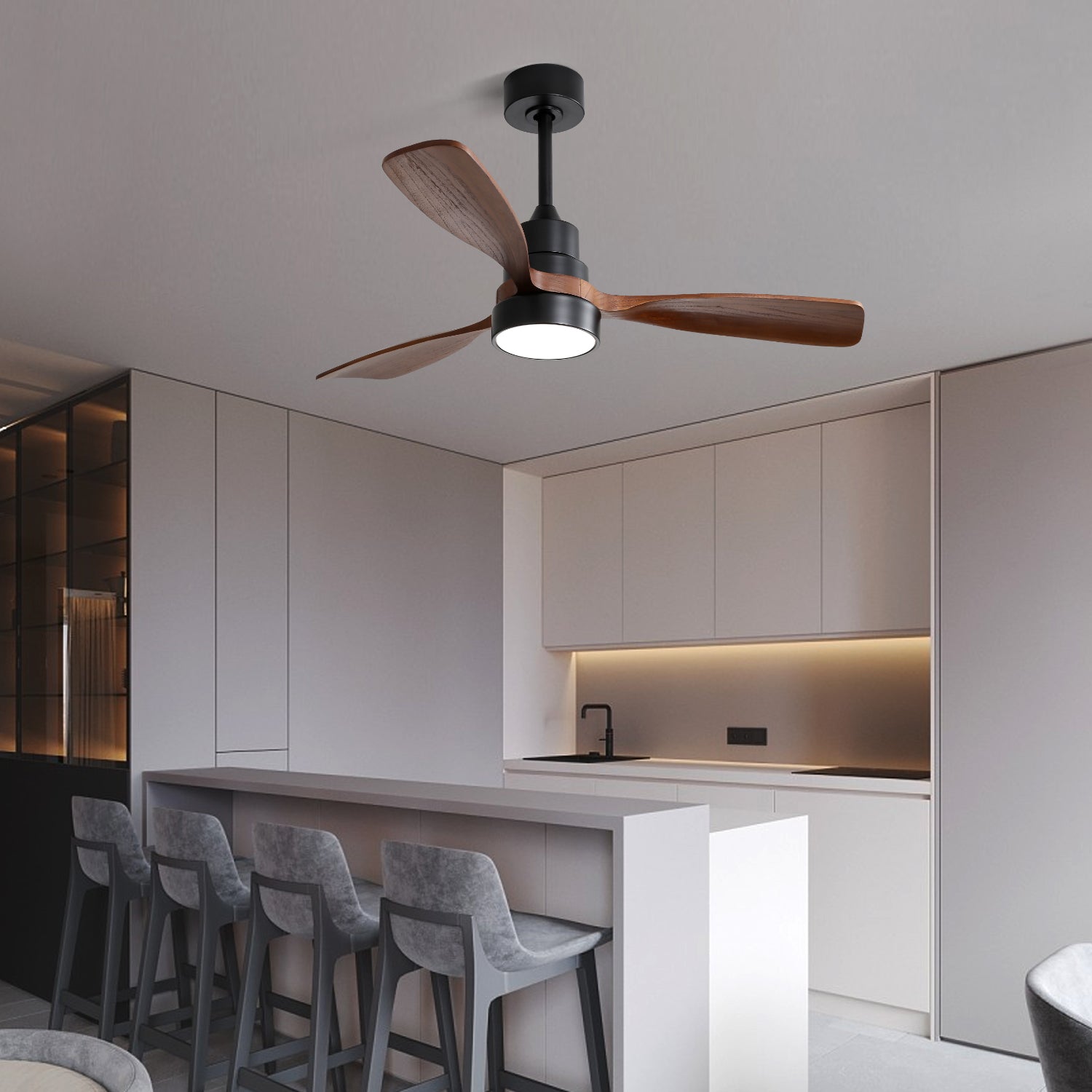 Modern black ceiling fan with natural wood blades and integrated LED light