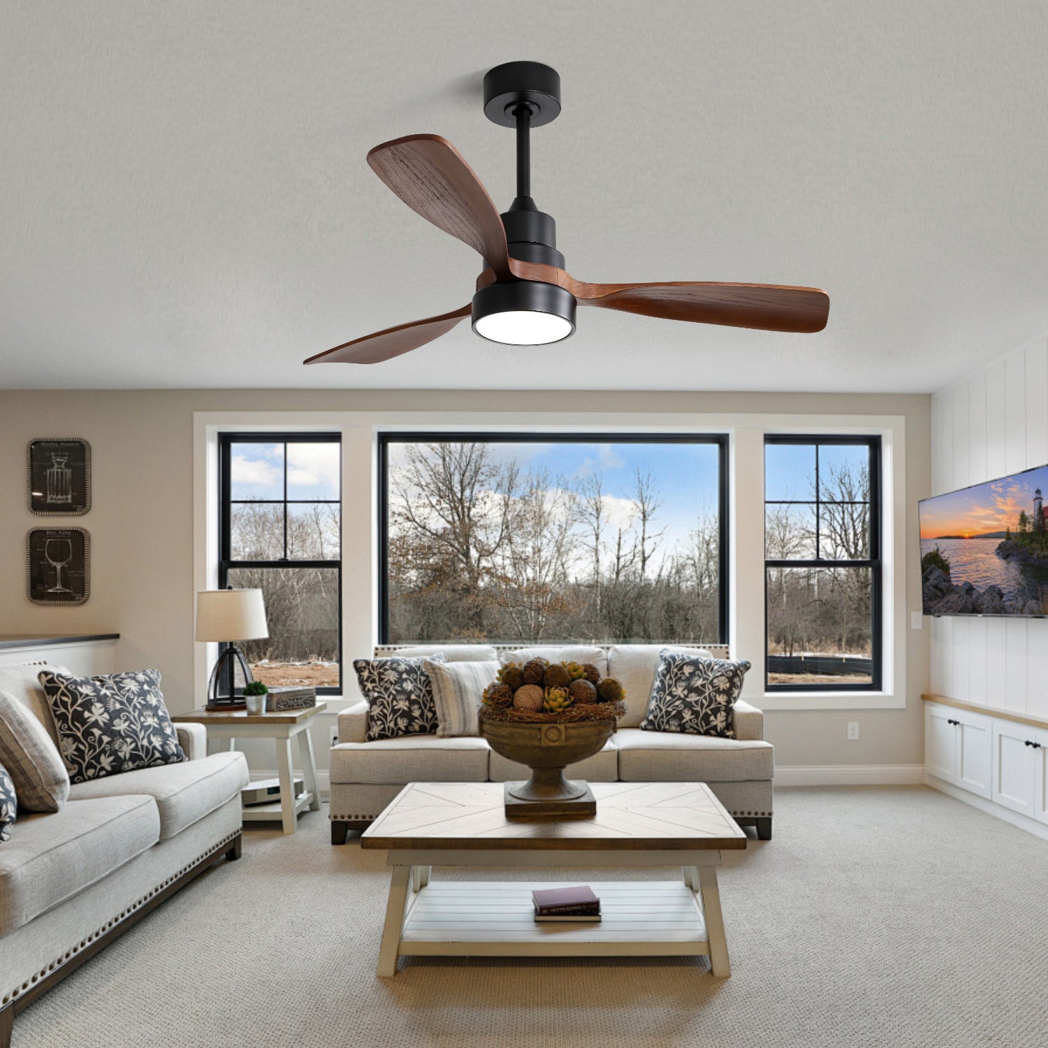Modern black ceiling fan with dark wood blades and integrated LED light