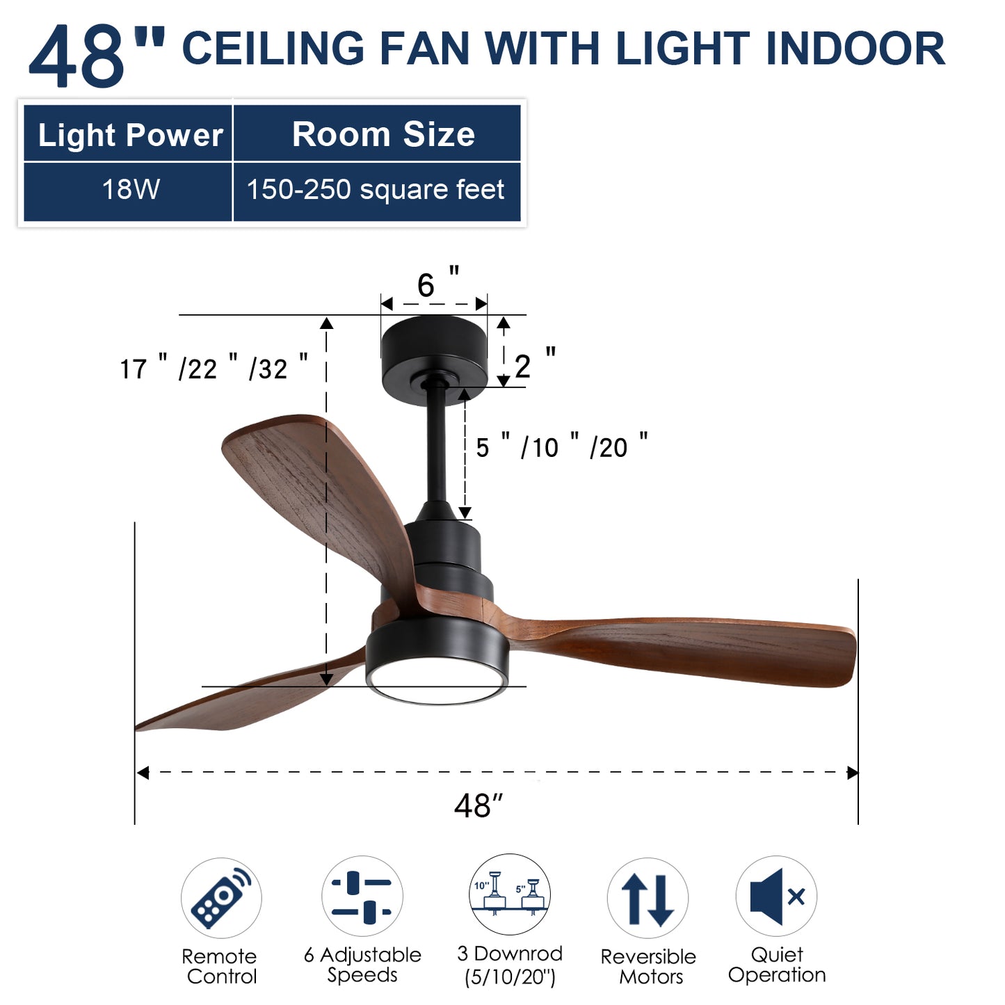 inch black ceiling fan with wooden blades and integrated LED light