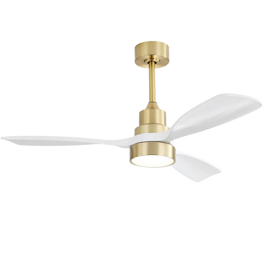 Modern white ceiling fan with brass accents and integrated LED light