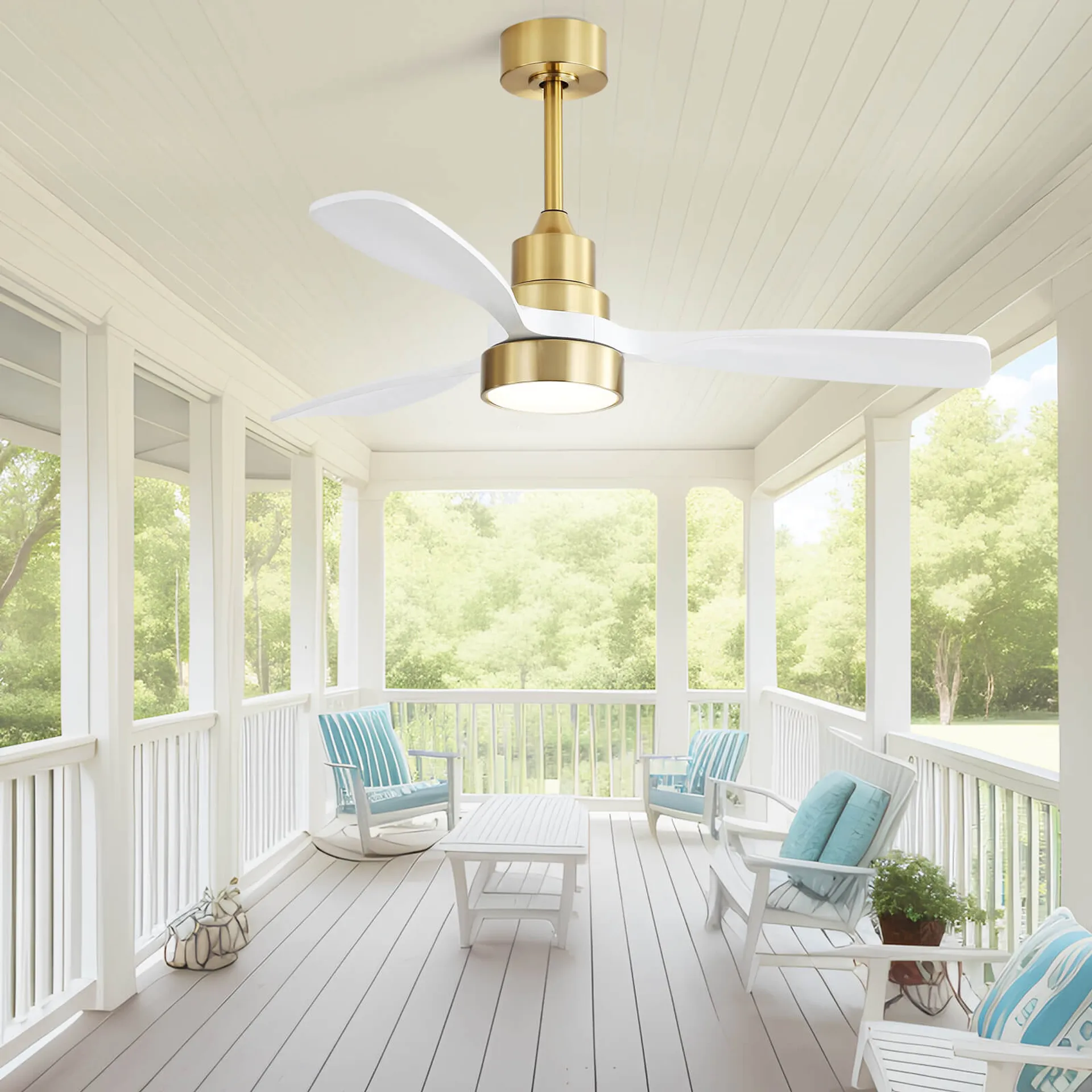 Modern brass and white blade ceiling fan with integrated LED light for outdoor patios
