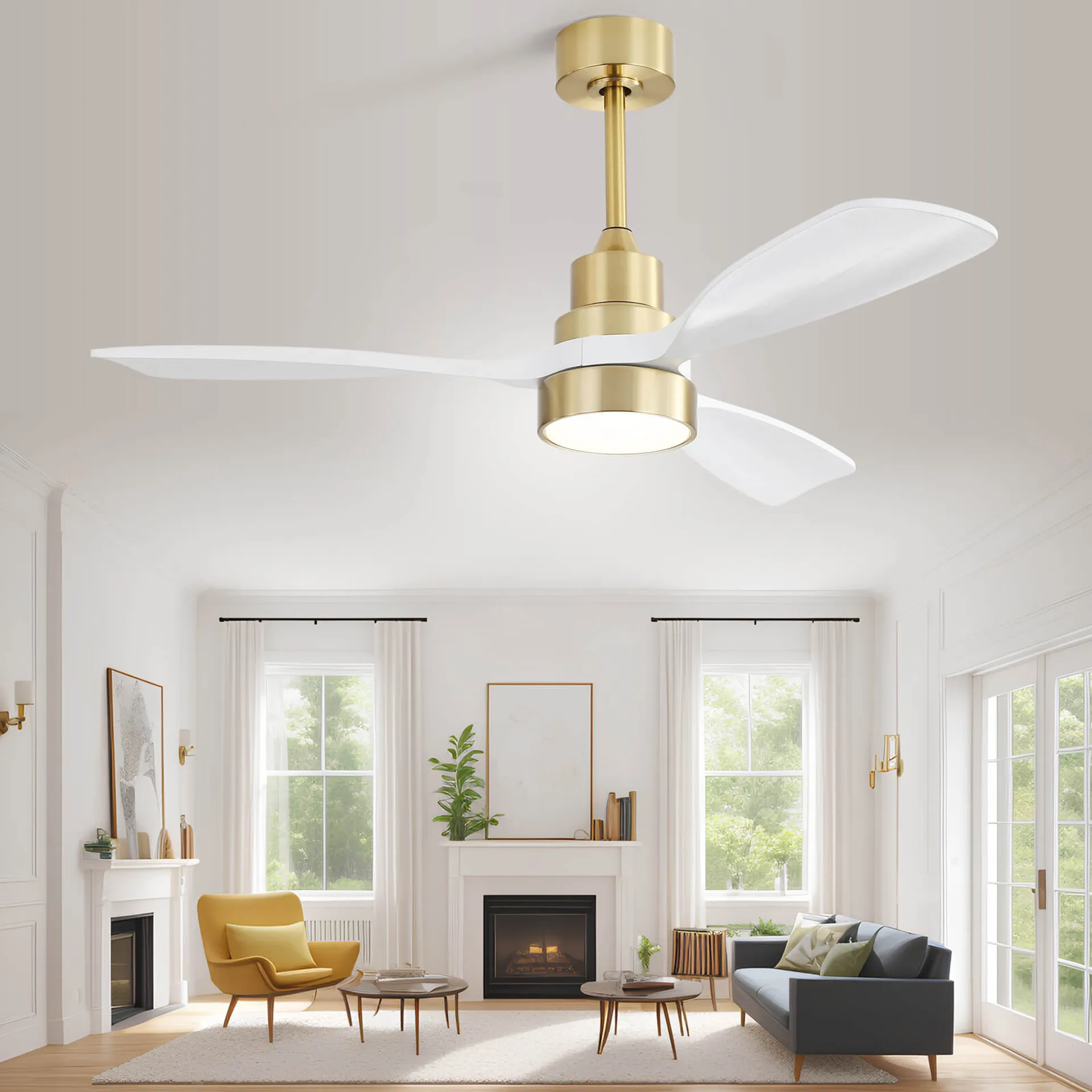Modern white ceiling fan with integrated LED light and brushed brass accents