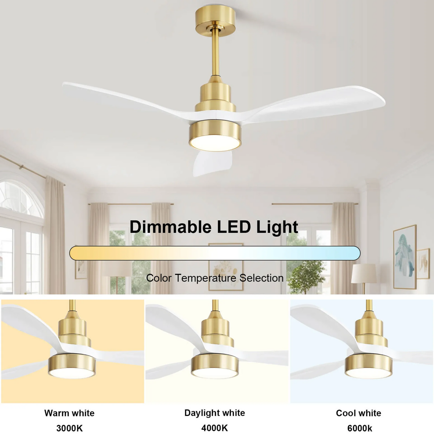 Modern ceiling fan with brushed gold accents and white blades featuring dimmable LED light