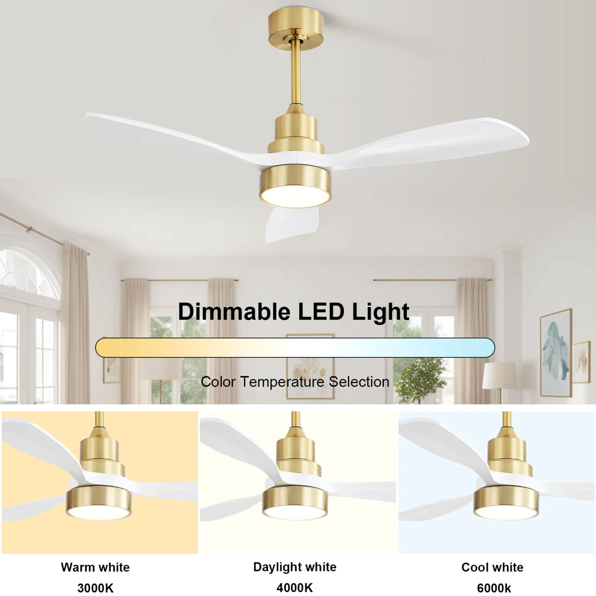 Modern ceiling fan with brushed gold accents and white blades featuring dimmable LED light