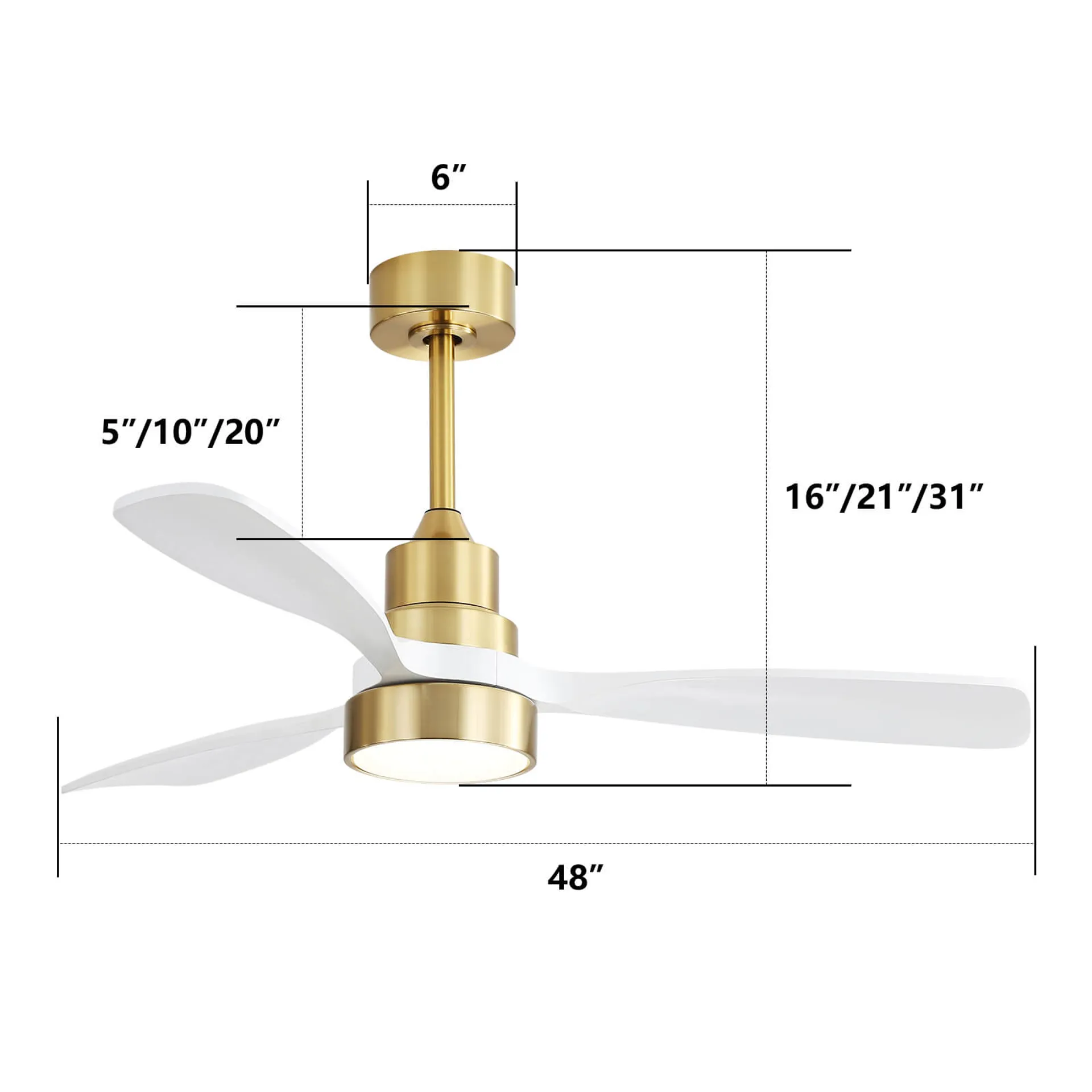 Modern white blade ceiling fan with brushed brass finish and integrated LED light inch