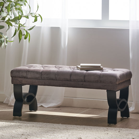Tufted grey velvet bench with dark wood curved legs ideal for entryways
