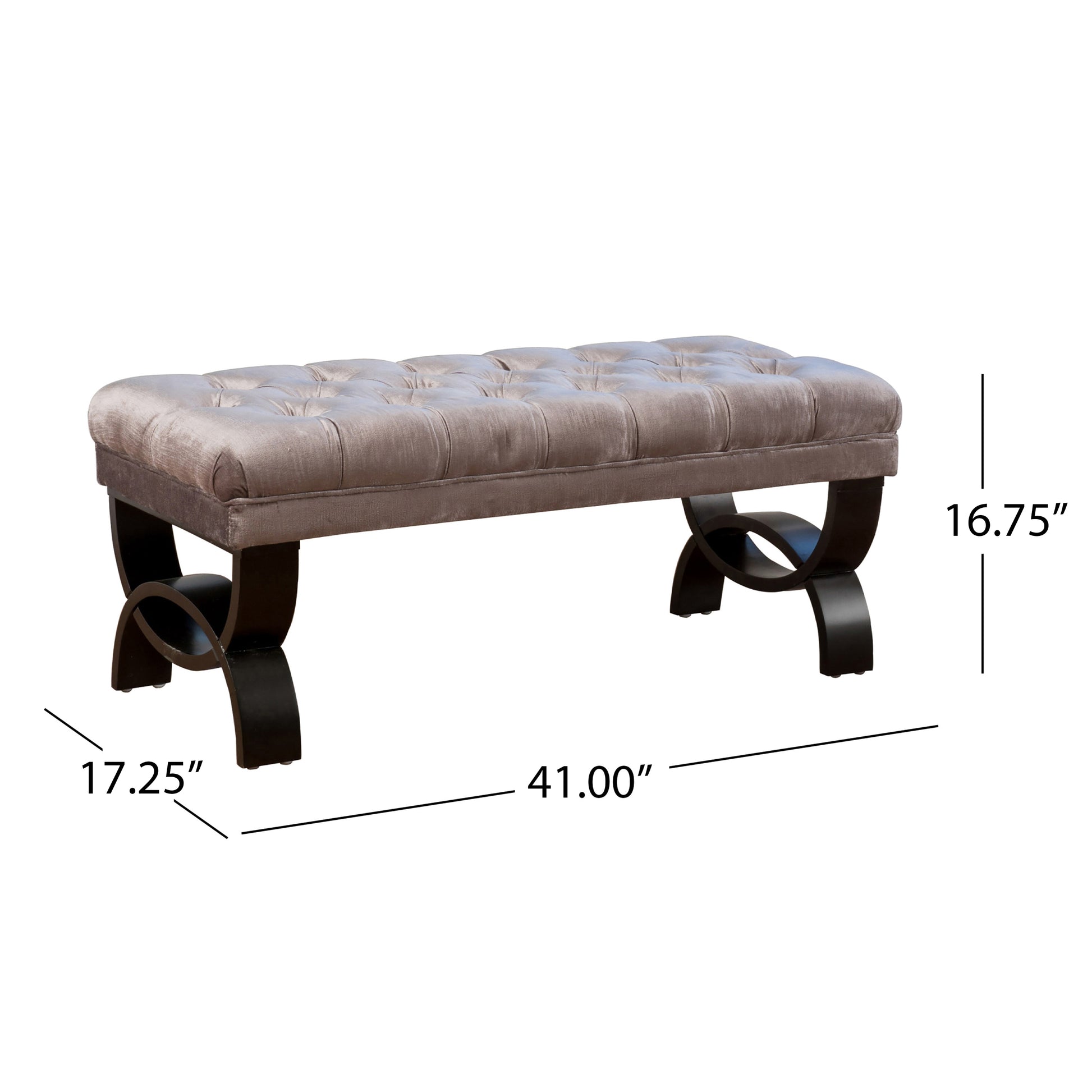 Tufted velvet upholstered bench in taupe with carved wooden legs for entryway accent