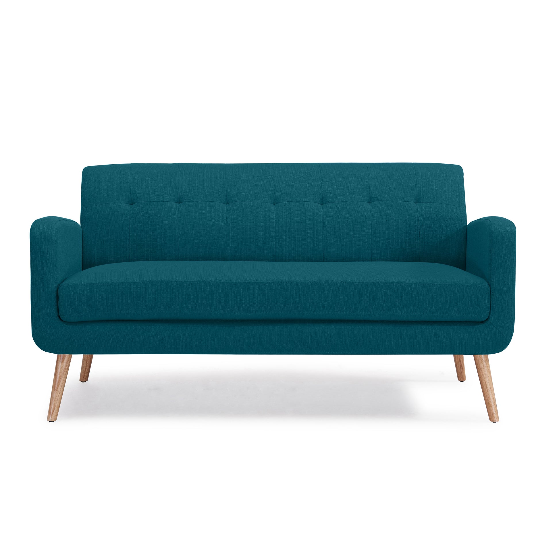 Teal upholstered twoseater sofa with tufted back and tapered wooden legs