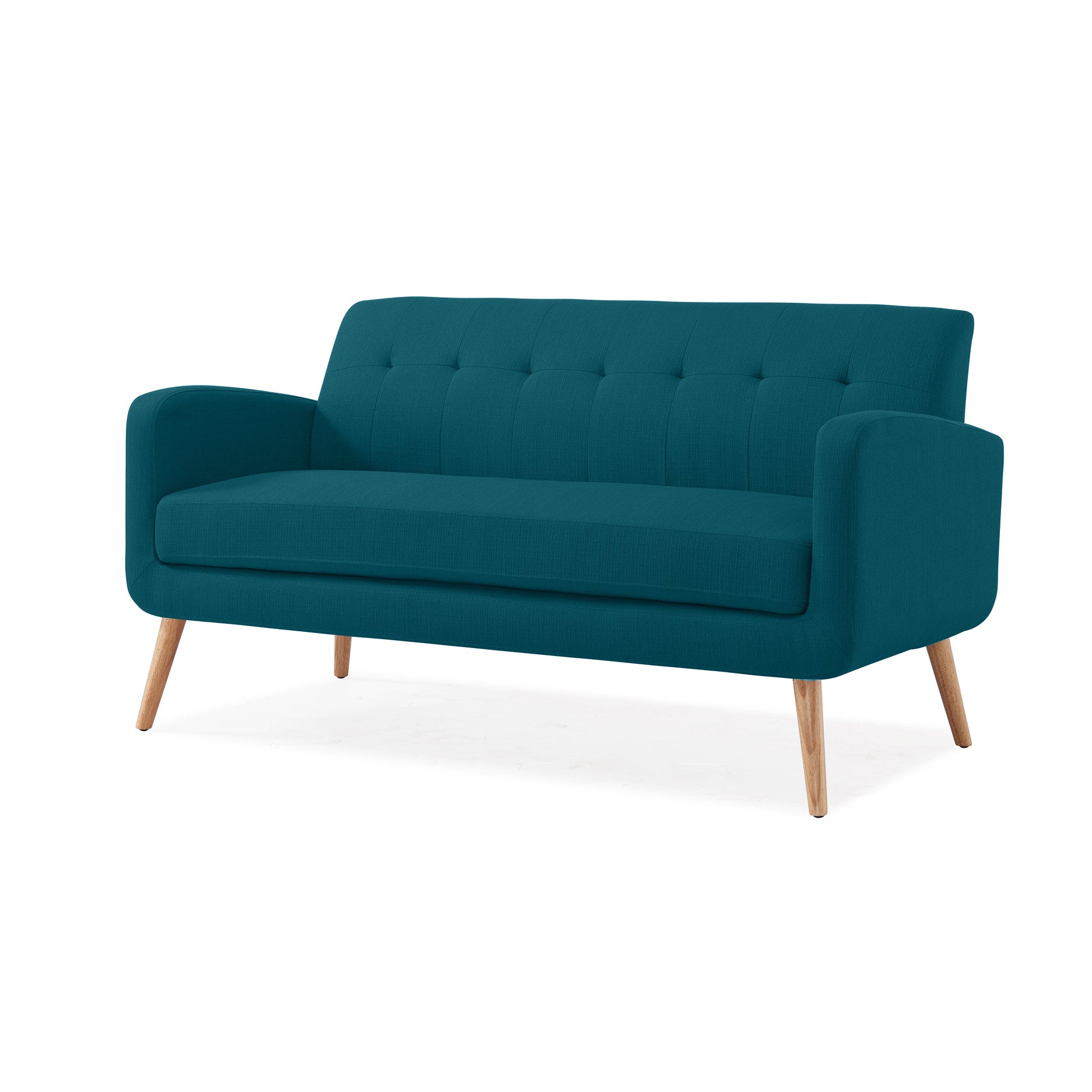 Teal velvet tufted sofa with tapered wooden legs midcentury modern style