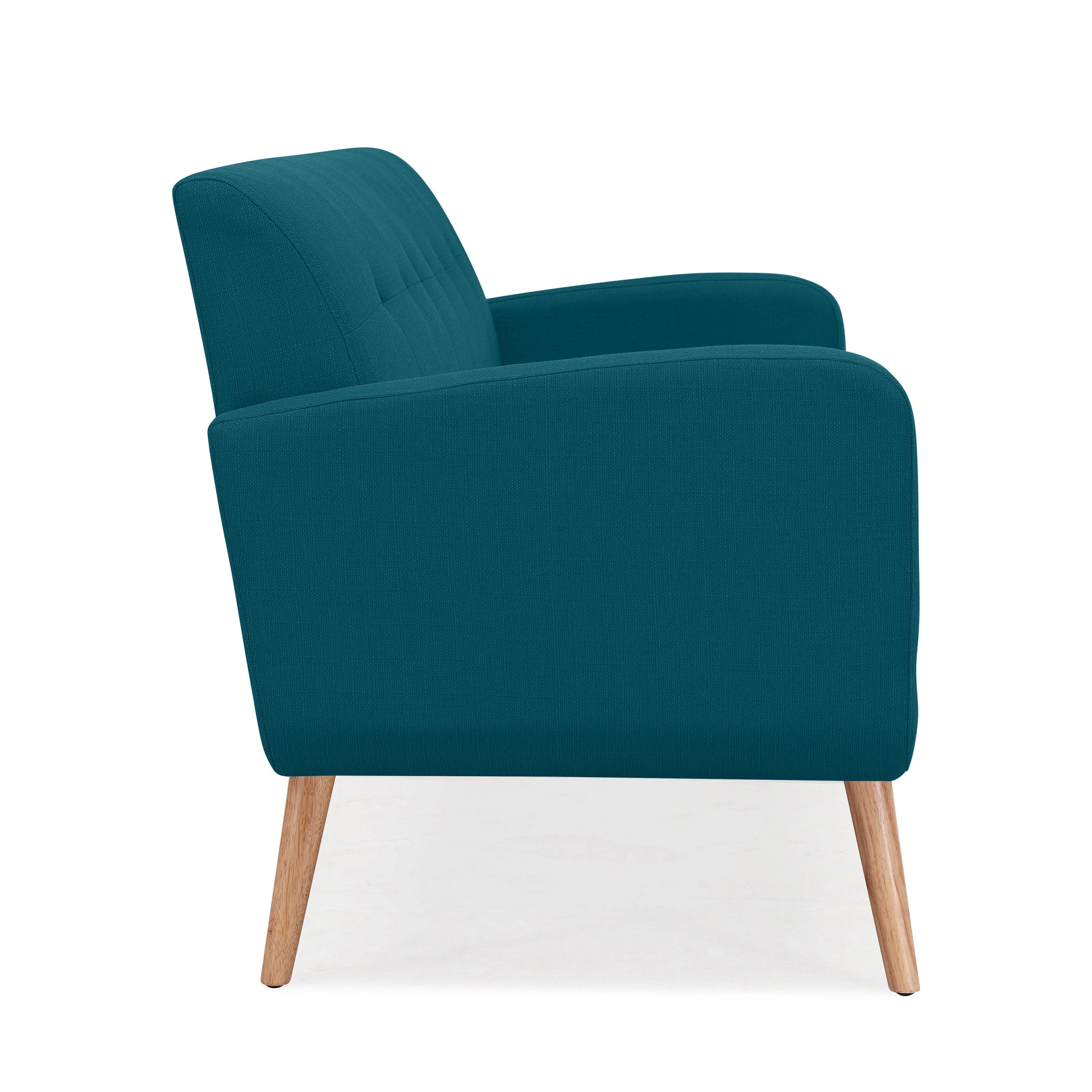 Teal upholstered armchair with button tufting and natural wood legs