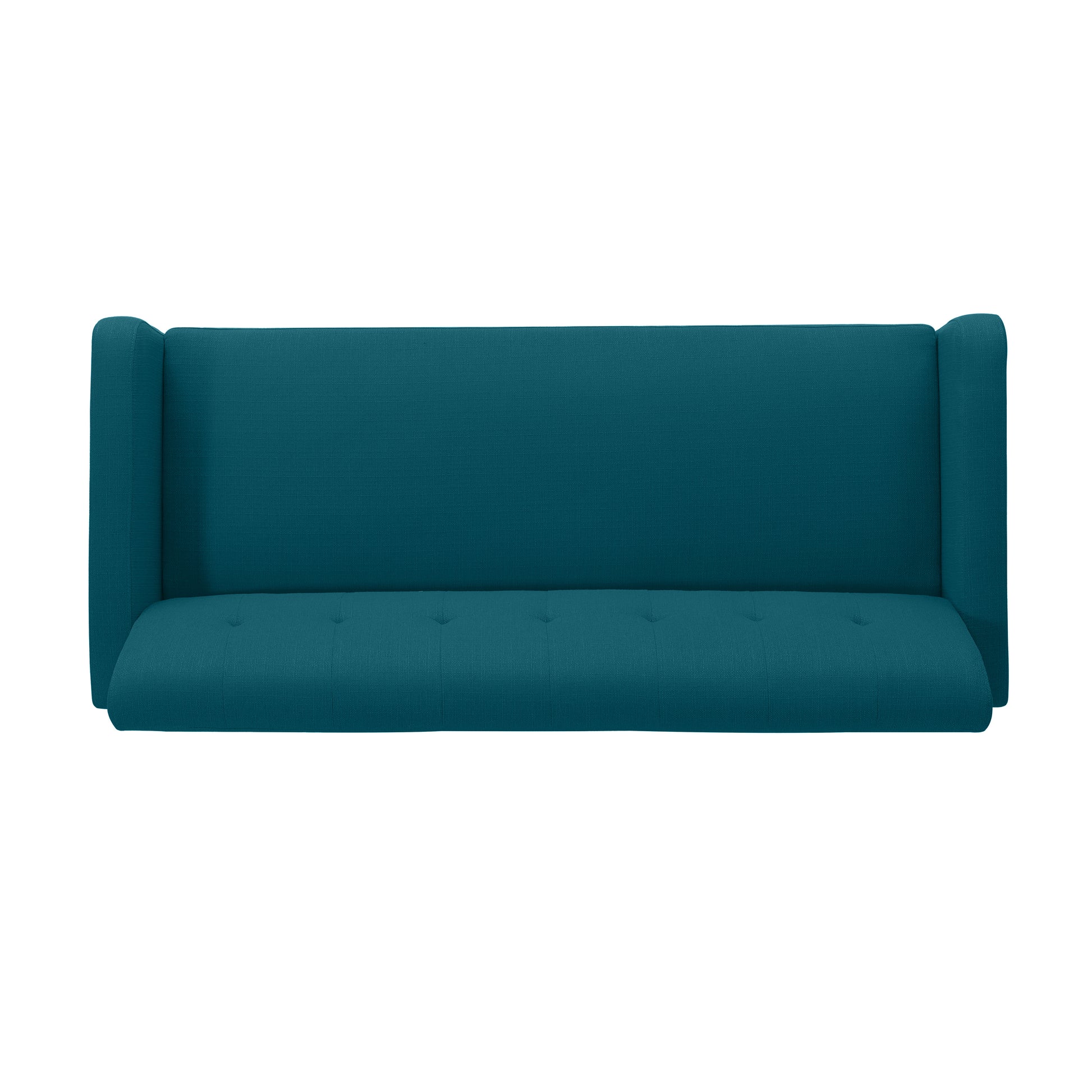 Teal tufted fabric sofa with high wingback sides and button tufting on seat