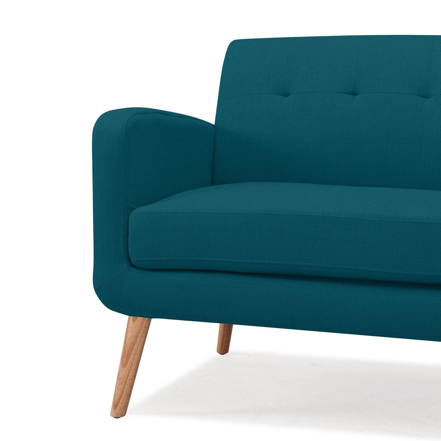 Teal upholstered midcentury modern sofa with tufted backrest and tapered wooden legs