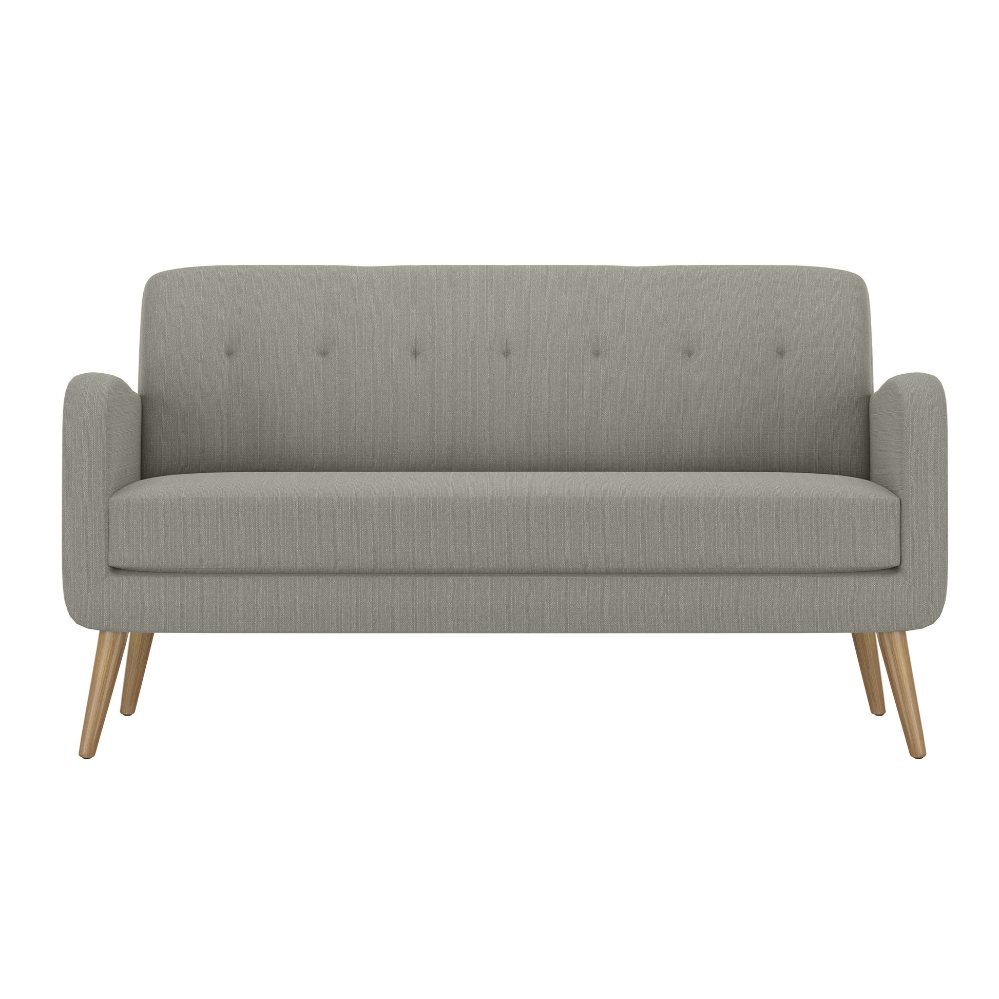 Gray fabric midcentury modern sofa with tufted back and wooden legs