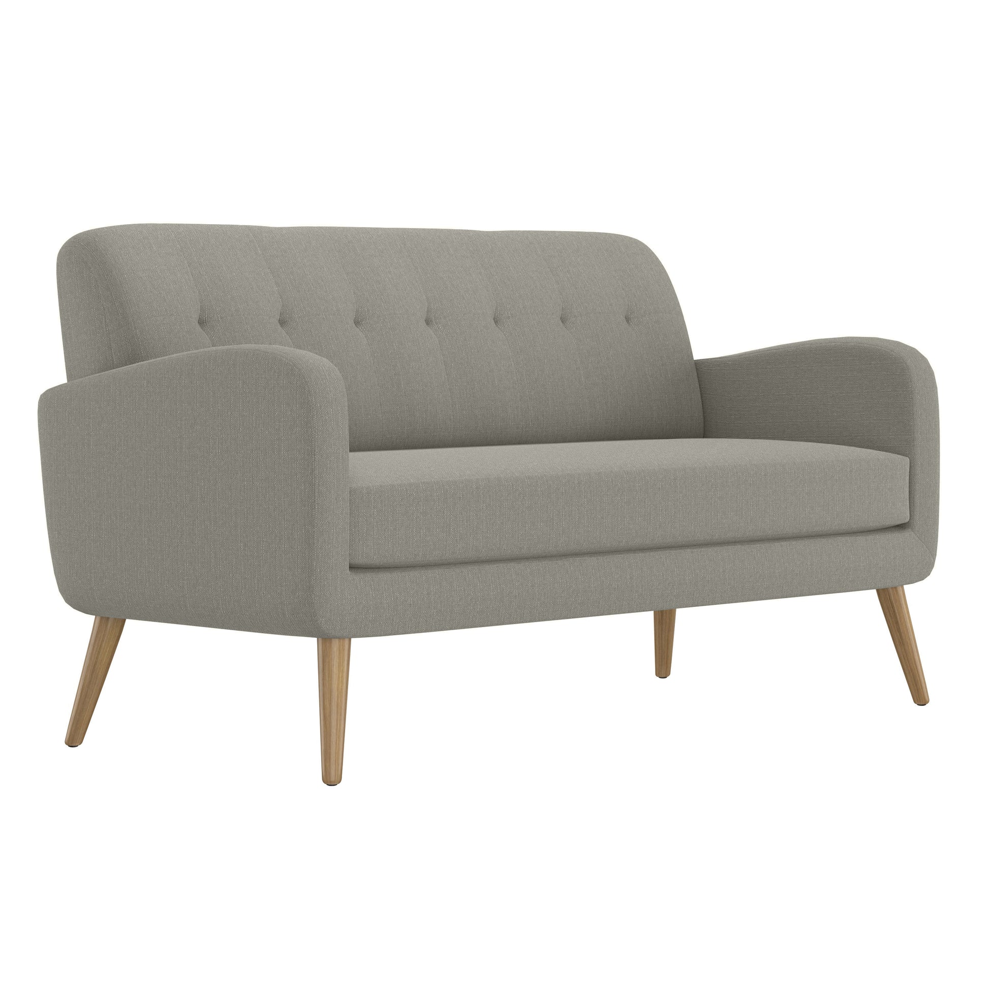 Tufted grey fabric loveseat with curved arms and tapered wooden legs