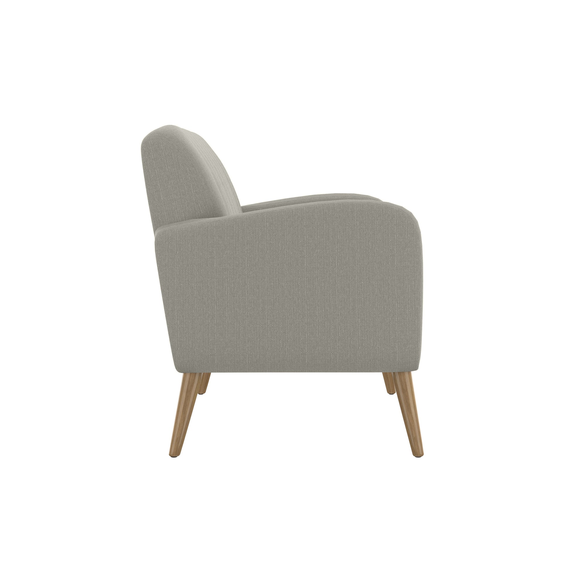 Modern grey fabric armchair with tapered wooden legs perfect for living rooms