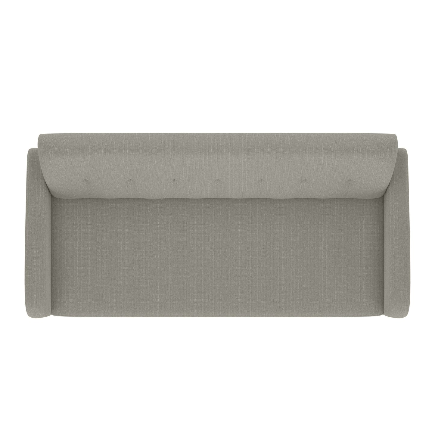 Topdown view of a tufted light grey fabric armchair with clean lines