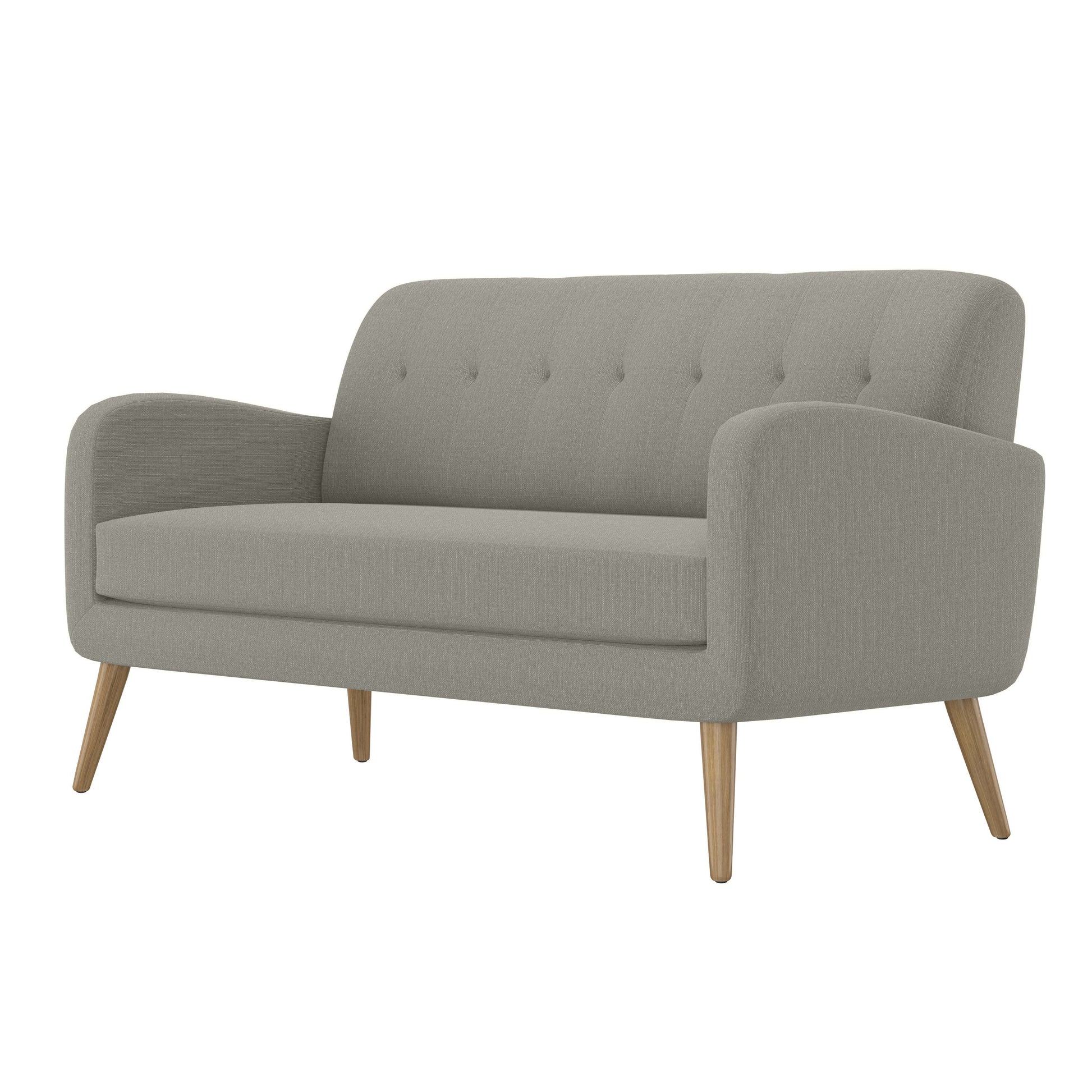 Textured grey fabric loveseat with tufted back and angled wooden legs