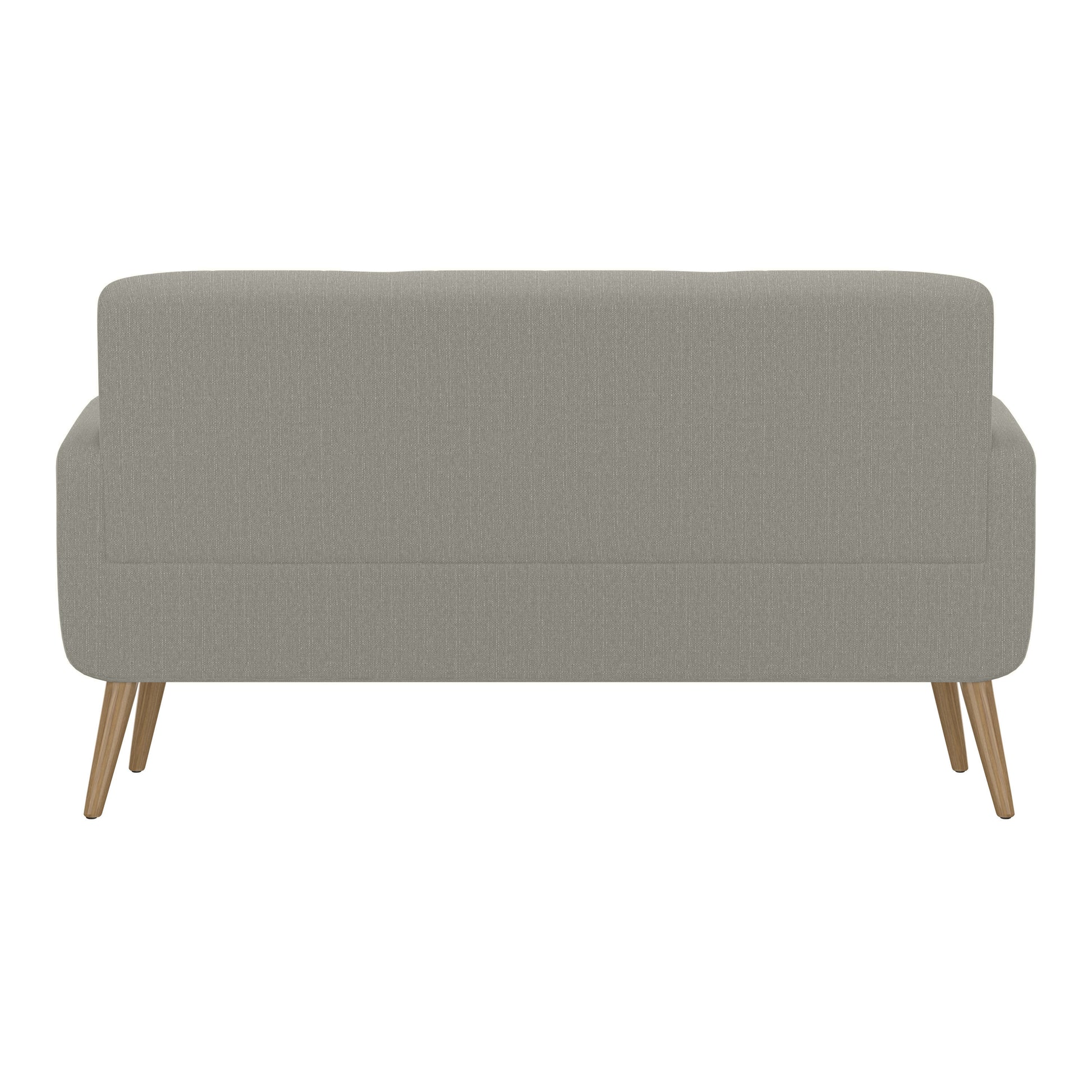Back view of a light gray upholstered sofa with angled wooden legs