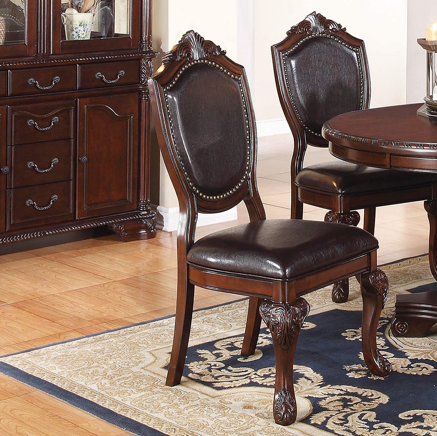 TREATLIFE HOME Set of 2 Side Chairs for Dining Room, Intricate Design, Faux Leather Upholstered, Dark Brown Rubberwood, Traditional Style