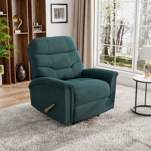 Teal upholstered recliner chair with plush tufted back and padded arms featuring wooden lever