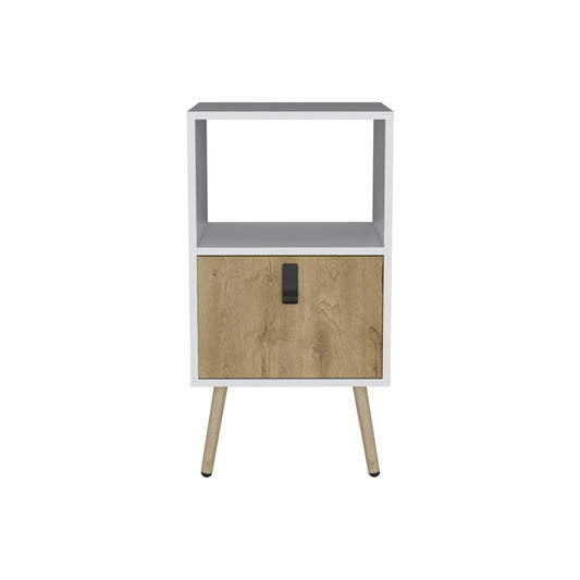 White and wood bedside table with single drawer and open shelf