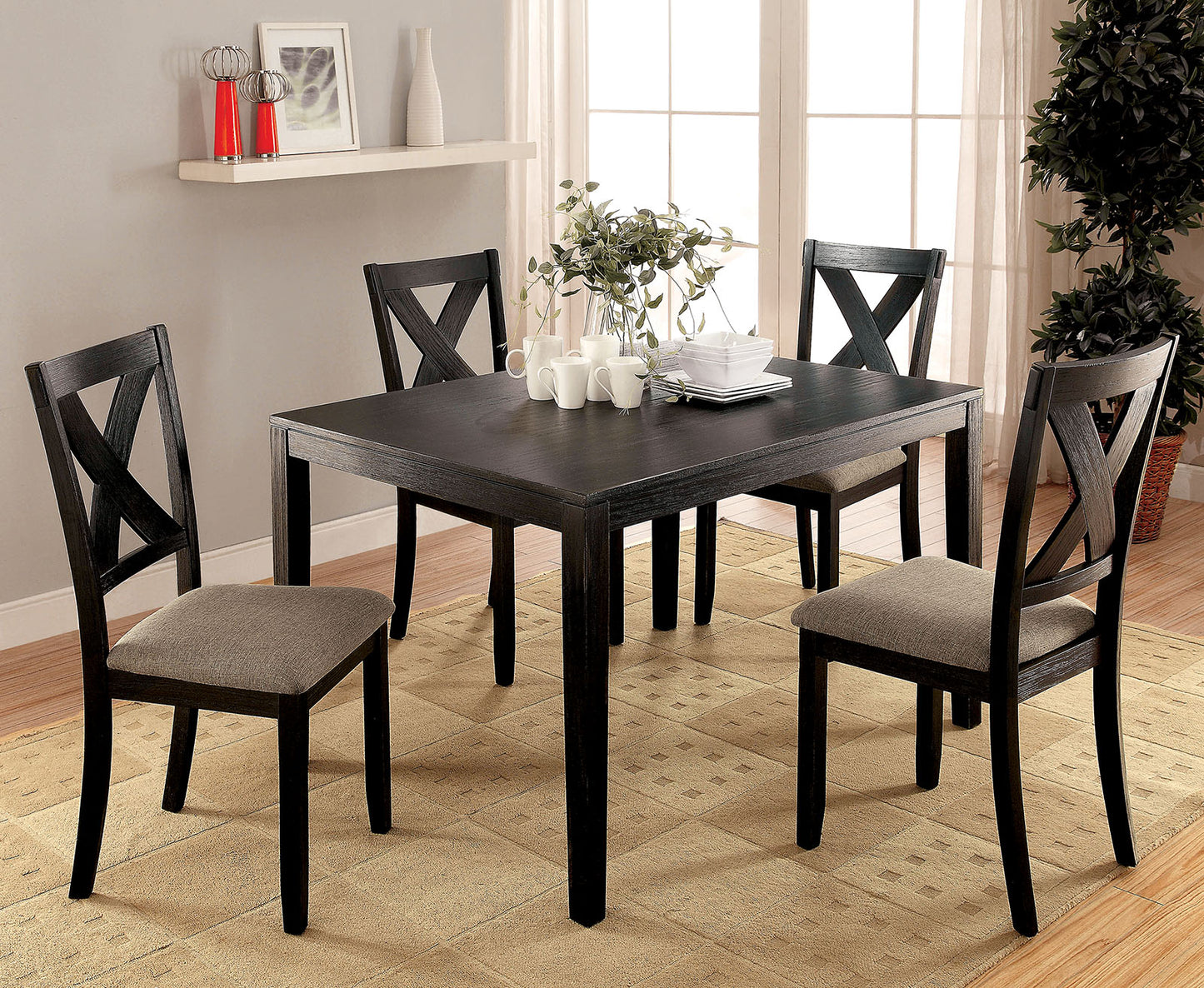 TREATLIFE HOME Brushed Black Solid Wood 5-Piece Dining Set with 4 Chairs and Brown Fabric Cushions, X-Cross Back Design, Modern Style