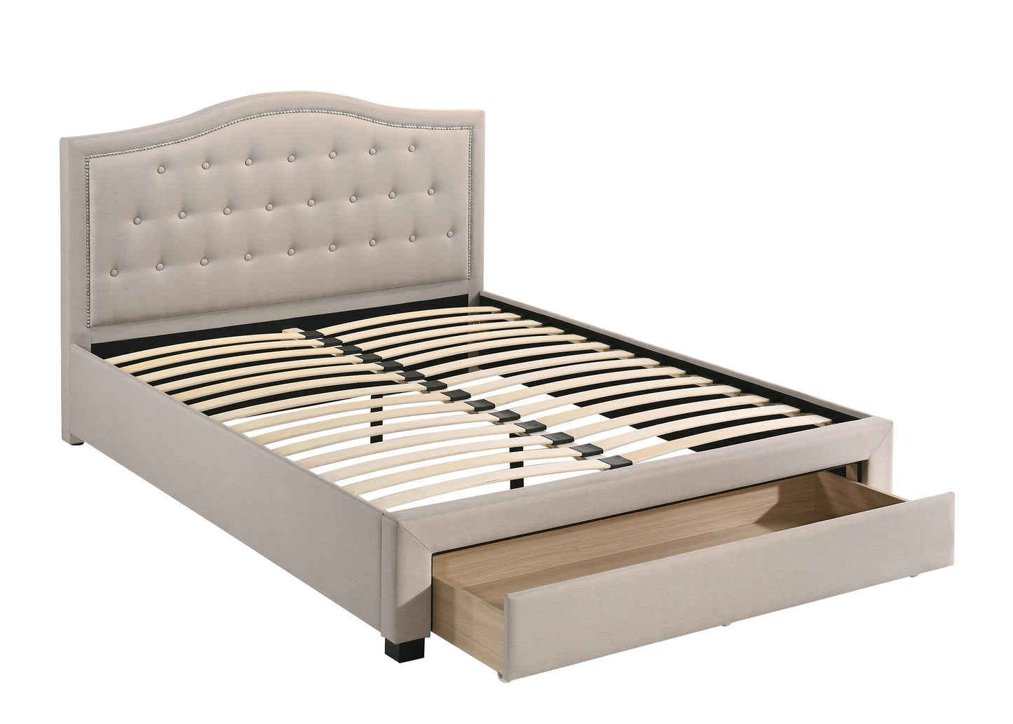 Upholstered queen bed frame in beige fabric with tufted headboard and storage drawer