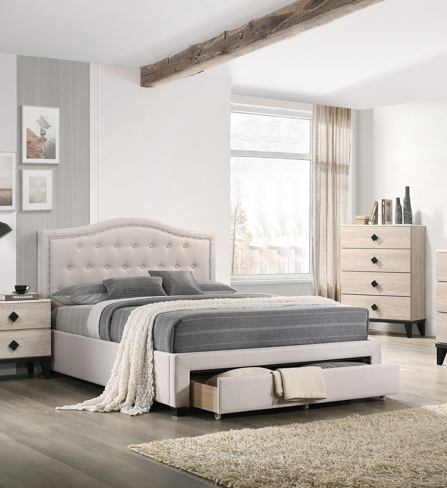 Upholstered beige bed frame with tufted headboard and pullout storage drawer for bedroom