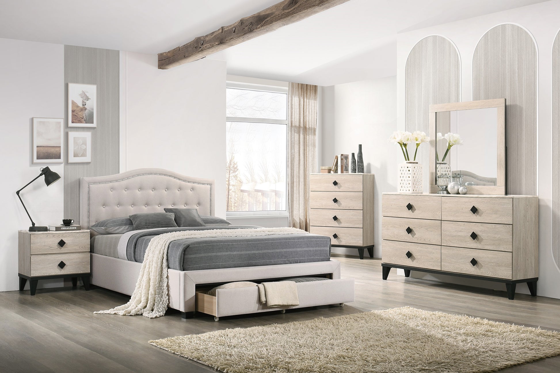 Tufted upholstered queen bed frame with storage drawers gray bedding and throws