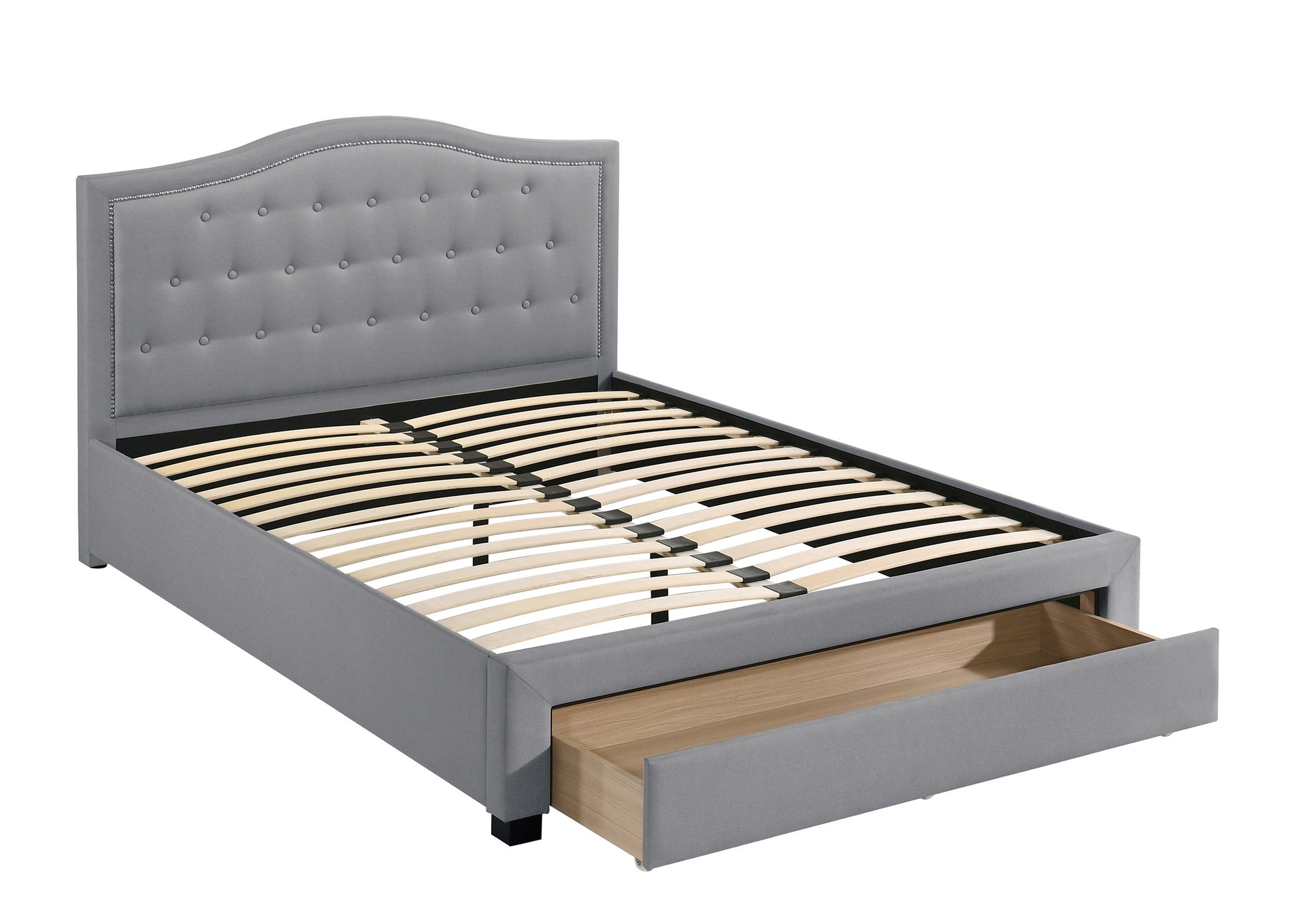 Gray upholstered queen bed frame with tufted headboard and builtin storage drawer