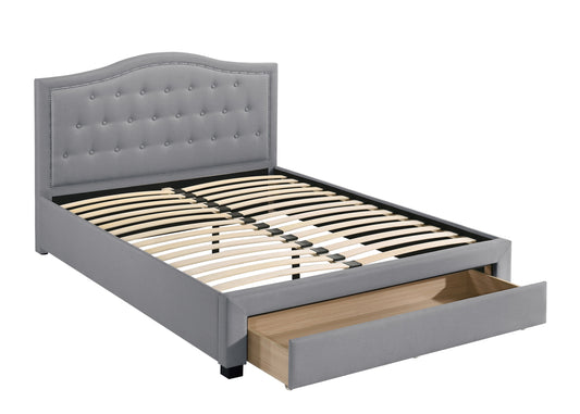 Gray upholstered queen bed frame with tufted headboard and builtin storage drawer