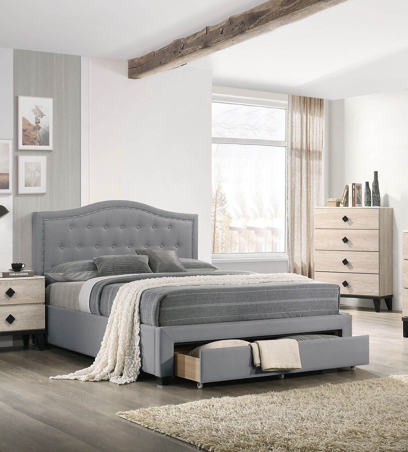 Tufted grey fabric storage bed frame with pullout drawer