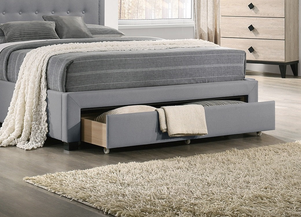 Gray upholstered bed frame with pullout storage drawer and tufted headboard