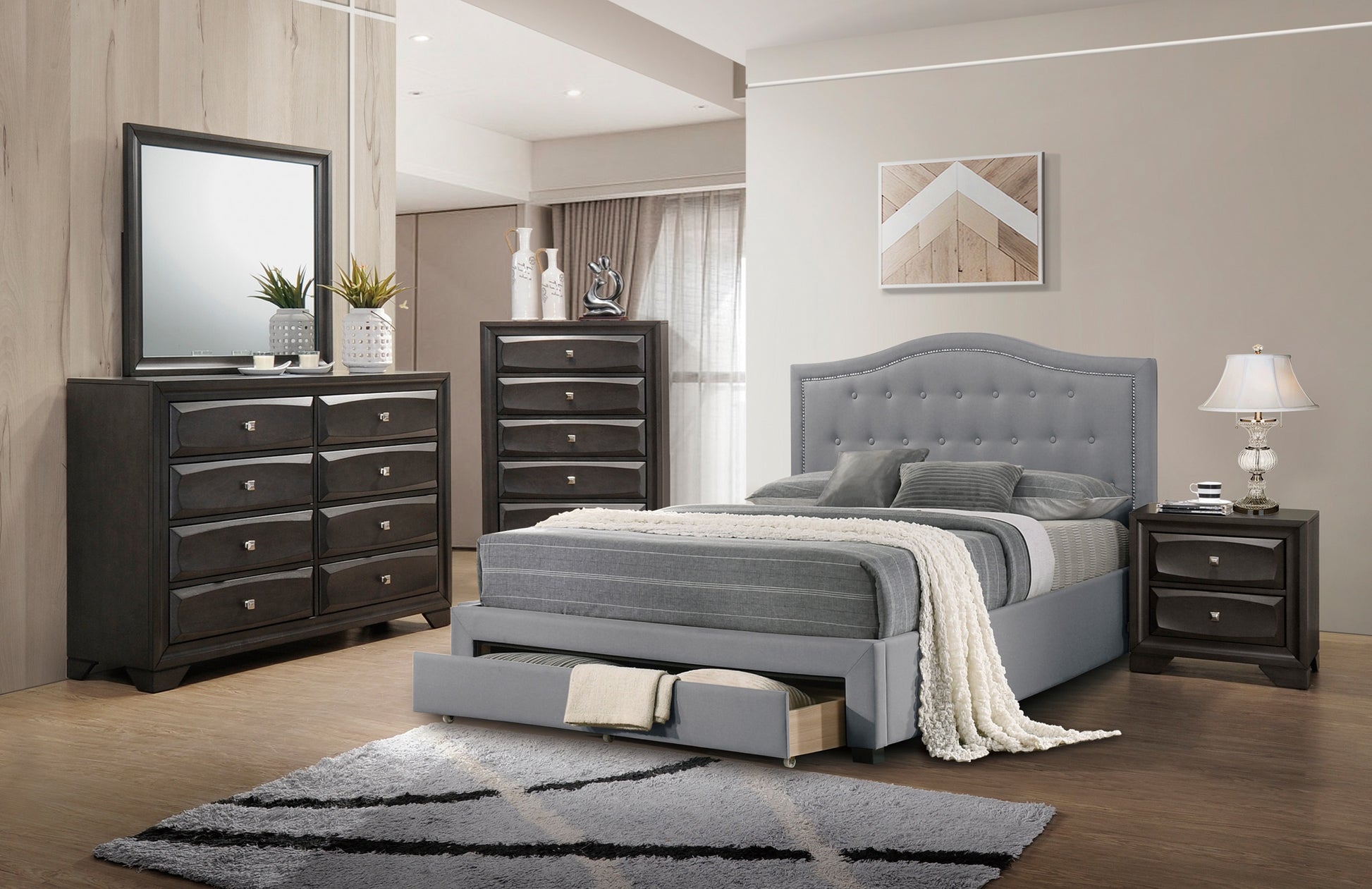 Upholstered grey king size bed with storage drawer and tufted headboard
