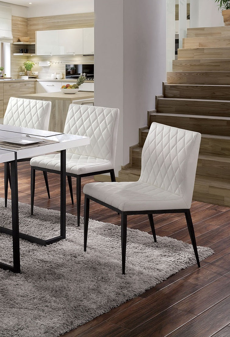 White diamondstitched dining chair with black metal legs modern design