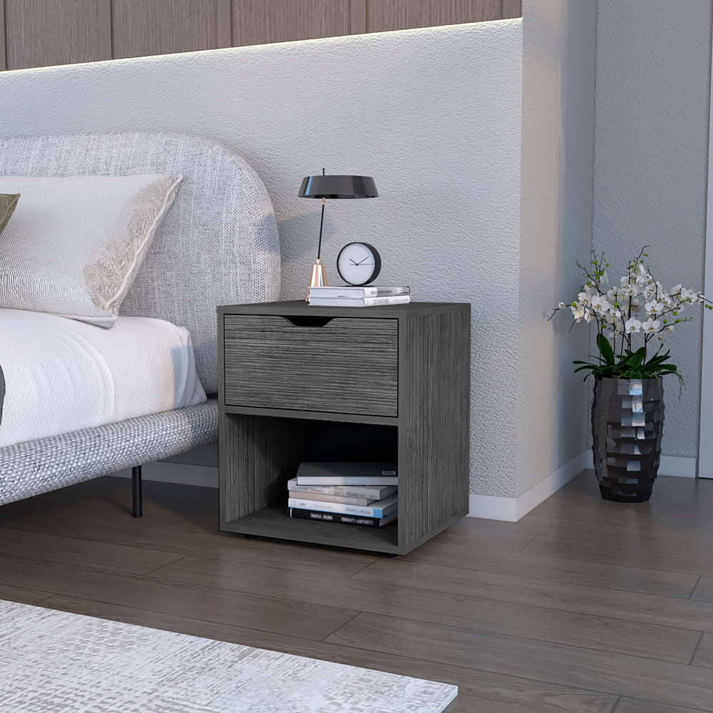Gray wood grain bedside table with one drawer and open shelf