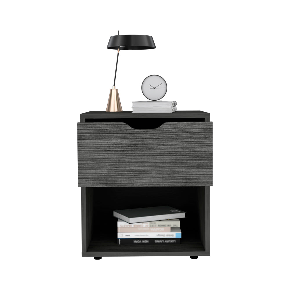 Modern gray wood bedside table with drawer and open shelf holding books