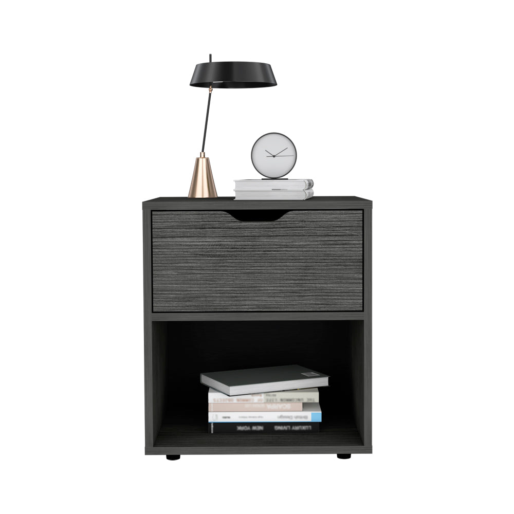 Dark grey wood grain nightstand with drawer and open shelf